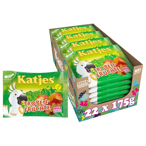 Katjes Tropen-Früchte Vorratspack – Fruchtgummi Vorrats-Box, mit Fruchtsaft und Mango-Mark, fruchtiger Mix in unterschiedlichen Geschmacksrichtungen, vegan, 22 x 175 g von Katjes