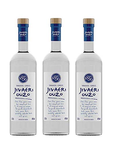 3x700ml Ouzo Jivaeri Katsaros 40% im Set - griechischer Traditions Trester-Brand Anis Schnaps 3er Set + Probiersachet Olivenöl 10ml oder Frappe 2g von Katsaros