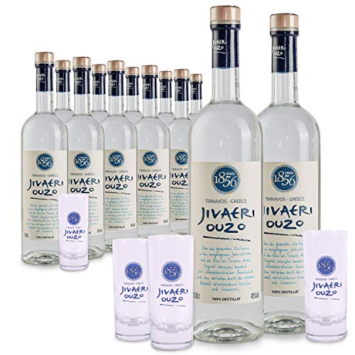 Ouzo Jivaeri 12 x 0,7l + 4 Gläser | Älteste Ouzo Destillerie der Welt | 40% Vol. | 2-fach destilliert | Katsaros Distillery von Jassas Griechische Feinkost