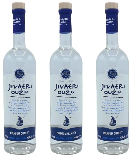 Ouzo Jivaeri 3 x 0,7l | Älteste Ouzo Destillerie der Welt | 40% Vol. | 2-fach destilliert | Katsaros Distillery + 20ml ElaioGi Olivenöl von Jassas Griechische Feinkost