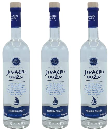 Ouzo Jivaeri 3 x 0,7l | Älteste Ouzo Destillerie der Welt | 40% Vol. | 2-fach destilliert | Katsaros Distillery + 20ml Jassas Olivenöl von Jassas Griechische Feinkost