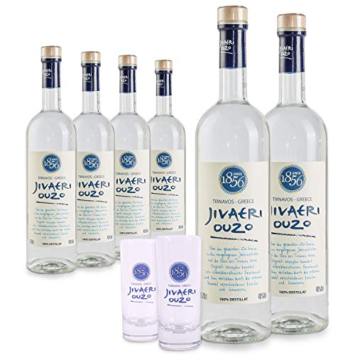 Ouzo Jivaeri 6 x 0,7l + 4 Gläser | Älteste Ouzo Destillerie der Welt | 40% Vol. | 2-fach destilliert | Katsaros Distillery von Jassas Griechische Feinkost