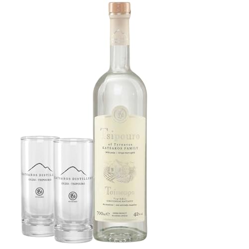 Tsipouro Tirnavos mit Anis 42% 0,7l mit 2 Gläsern | Griechischer Tresterbrand | 100% Destillat | Katsaros Distillery seit 1856 von Katsaros