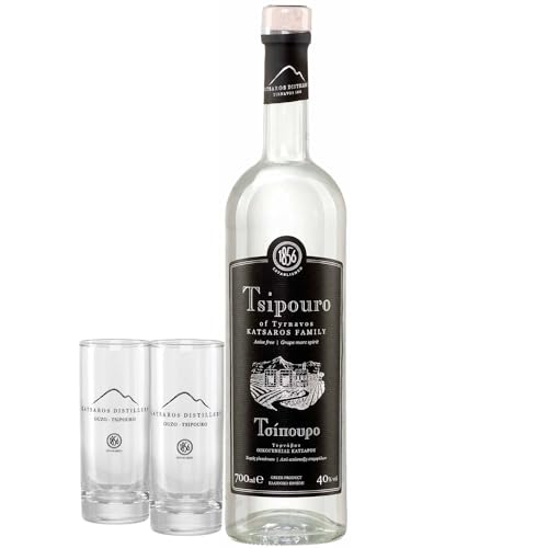 Tsipouro Tirnavos 700ml | Griechischer Tresterbrand | 100% Destillat | Katsaros Distillery seit 1856 (Ohne Anis, 1x 700ml mit 2 Gläsern) von Katsaros