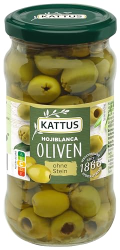 Kattus - Grüne Hojiblanca Oliven ohne Stein - verzehrfertige, entsteinte spanische Oliven, eingelegt in pikanter Salzlake, für Salate, Pasta und Co. - 340 g im Glas von Kattus