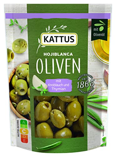 Kattus - Hojiblanca Oliven mit Thymian und Knoblauch | Grüne Oliven ohne Stein | Im wiederverschließbaren Beutel | 120 g im Beutel Kattus - Hojiblanca Oliven mit Thymian und Knoblauch | Grüne Oliven ohne Stein | Im wiederverschließbaren Beutel | 120 g im Beutel von Kattus