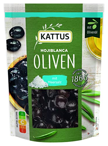 Kattus - Schwarze Hojiblanca Oliven mit Meersalz | Entsteinte Hojiblanca Oliven mit Olivenöl und Meersalz mariniert | Im wiederverschließbaren Beutel | 120 g im Beutel Kattus - Schwarze Hojiblanca Oliven mit Meersalz | Entsteinte Hojiblanca Oliven mit Olivenöl und Meersalz mariniert | Im wiederverschließbaren Beutel | 120 g im Beutel von Kattus