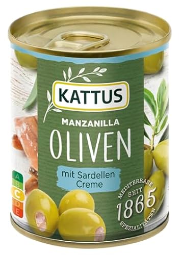 Kattus - Grüne Manzanilla Oliven mit Sardellencreme gefüllt | Entsteinte Oliven, in Lake | 85 g in der Dose Kattus - Grüne Manzanilla Oliven mit Sardellencreme gefüllt | Entsteinte Oliven, in Lake | 85 g in der Dose von Kattus