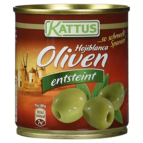 Kattus - Grüne Hojiblanca Oliven ohne Stein | Spanische Oliven entsteint | Ideal zu Pizza, Fleisch- oder Fischgerichte | 85 g in der Dose Kattus - Grüne Hojiblanca Oliven ohne Stein | Spanische Oliven entsteint | Ideal zu Pizza, Fleisch- oder Fischgerichte | 85 g in der Dose von Kattus