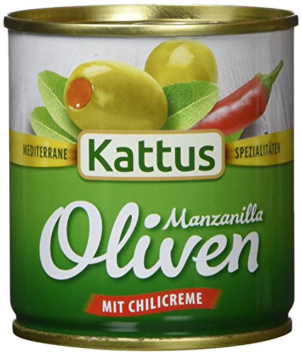 Kattus Spanische grüne Oliven, mit Chilicreme gefüllt, 8er Pack (8 x 85 g) von Kattus