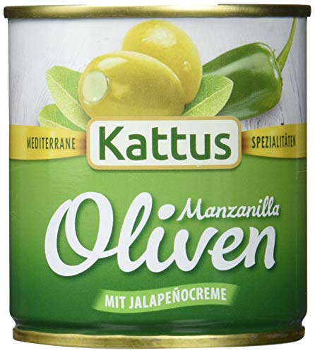 Kattus Spanische grüne Oliven, mit Jalapeñocreme gefüllt, 8er Pack (8 x 200 g) von Kattus