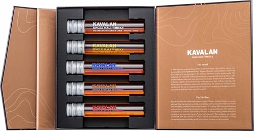 Kavalan Whisky Geschenk 5x50ml Tubes - Kavalan Oloroso Sherry Oak, Fino Sherry Oak, Wine Oak, Brandy Oak und Peated Single Malt Whisky Taiwan (1 x 0.25 l) von Kavalan