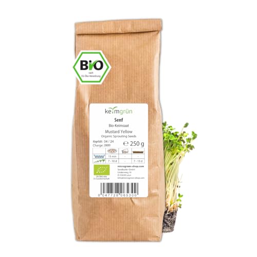 Keimgrün - 2x250g Bio Senf Microgreen Samen - 500g Senf Saatgut - Senfsamen - Regelmäßig überprüfte Keimfähigkeit - Zum ergiebigen Microgreen-Anbau auf Erde oder im Kressesieb von Keimgrün