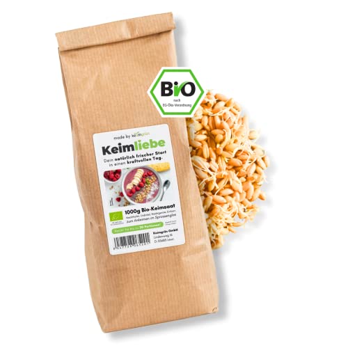 Keimliebe - Bio- Getreide Frühstücksmischung zum selber Ankeimen im Sprossenglas - 1000g Mix aus Nackhafer, Nacktgerste, Urdinkel und Einkorn - Reicht für ca. 20 Portionen von Keimgrün
