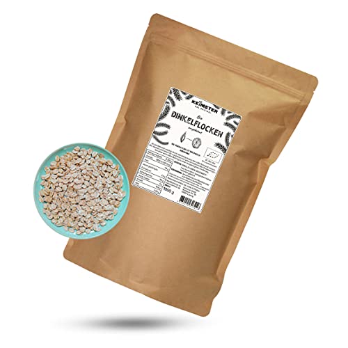 Bio Dinkelflocken (1 kg) - GEKEIMT - Aus EU-Bio-Landwirtschaft - Vollkorn - Basisch - Knusprig & ideal für Müsli und Porridge - Vegan - Ohne Zusatzstoffe - Plastikfreie Verpackung von Keimster