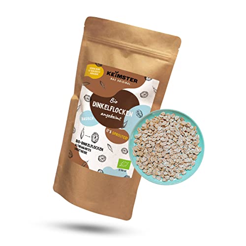 Bio Dinkelflocken - GEKEIMT - Aus EU-Bio-Landwirtschaft - Vollkorn - Basisch - Knusprig & ideal für Müsli und Porridge - Vegan - Ohne Zusatzstoffe - Plastikfreie Verpackung (350 g) von Keimster
