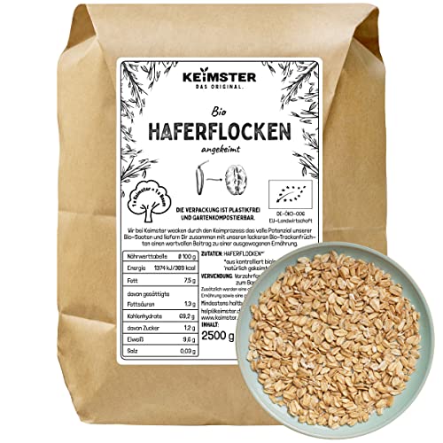 Bio Haferflocken (2,5 kg) - GEKEIMT - Vollkorn - Basisch - Kernig & ideal für Müsli - Aus kontrolliert biologischem Anbau - Plastikfreie Verpackung von Keimster