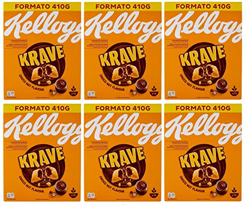 6x Kellogg's Krave Choco Nut Gemischte Cerealien Bündel mit Schokoladenfüllung mit Haselnuss Geschmack und Vitaminzusatz 410g Packung von Kellogg's
