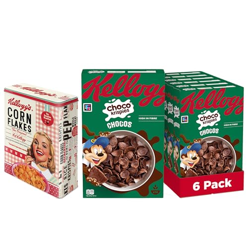 Kellogg’s Choco Krispies Chocos (6 x 400 g) + nostalgische Blechdose mit Deckel – schokoladige Cerealien verwandeln die Milch in Kakao – Cereal-Chips mit Schokoladengeschmack für Frühstücks-Spaß von Kellogg's