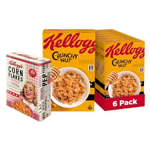 Kellogg's Crunchy Nut Cornflakes (6 x 500 g) + nostalgische Blechdose mit Deckel – knusprige Frühstückscerealien mit Erdnüssen und Honig – ohne künstliche Farb- und Aromastoffe von Kellogg's