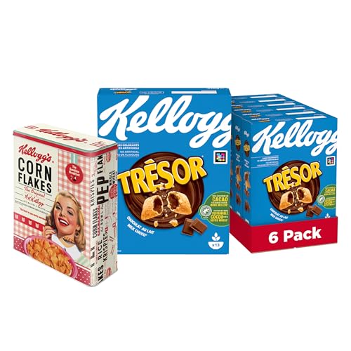 Kellogg's Tresor Milk Choco (6 x 410 g) + nostalgische Blechdose mit Deckel – knusprige Frühstückscerealien mit schmelzender Creme-Füllung mit Milchschokolade – Tresor. Crazy Tasty. von Kellogg's