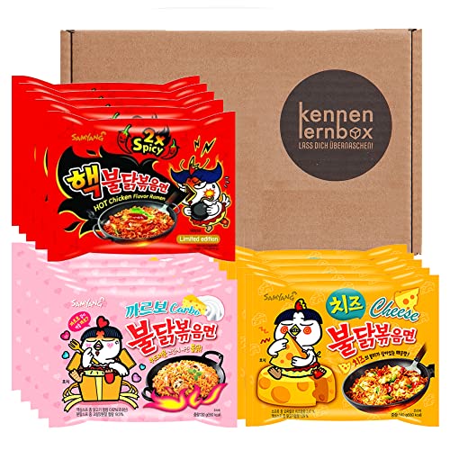 Kennenlernbox 15er Buldak Box | Samyang Hot Chicken Ramen Combo | 5er Pack Hot Chicken Carbonara & 5er Pack Cheese & 5er Pack 2xSpicy von Kennenlernbox