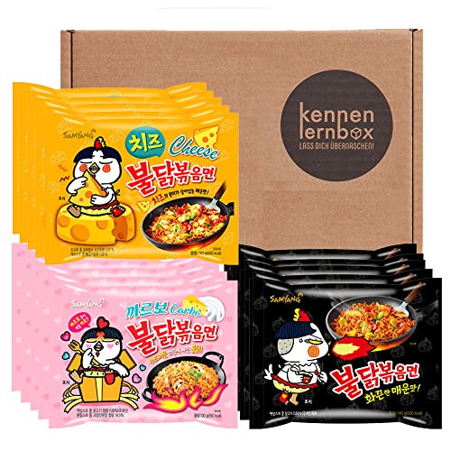 Kennenlernbox 15er Buldak Box | Samyang Hot Chicken Ramen Combo | 5er Pack Hot Chicken & 5er Pack Carbonara & 5er Pack Cheese von Kennenlernbox
