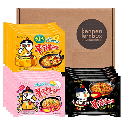 Kennenlernbox 15er Buldak Box | Samyang Hot Chicken Ramen Combo | 5er Pack Hot Chicken & 5er Pack Carbonara & 5er Pack Cheese | von Kennenlernbox