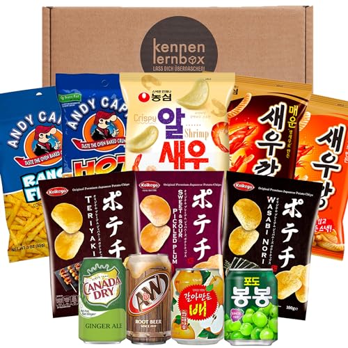 Snack Party Box | Kennenlernbox mit 12 beliebten Chips und Getränke aus den USA, Korea und Japan | Für Filmabende oder als Geschenkidee für besondere Anlässe von Kennenlernbox