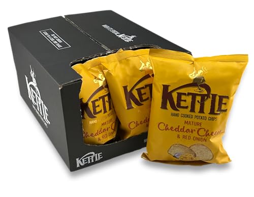 Kettle Chips Mature Cheddar Cheese & Red Onion 10 x 130 g Tüten, hand-frittierte Kessel-Chips, knusprige Kartoffelchips mit dem Geschmack von gereiftem Cheddar-Käse und roten Zwiebeln für den Abend von Kettle