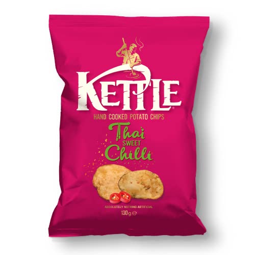 Kettle Chips Thai Sweet Chili 10 x 130 g Tüten, hand-frittierte Kessel-Chips, knusprige Kartoffelchips mit dem Geschmack von exotischen Gewürzen, feurigem Chili und leichter Süße für den Abend von Kettle