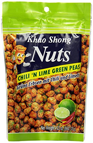 Khao Shong Chili 'n Lime Green Peas, grüne Erbsen mit Chili & Limette überzogen, knackiger Snack im fruchtig-scharfen Teigmantel, fettärmere Alternative zu Nüssen, 1 x 120 g Standbeutel von Khao Shong