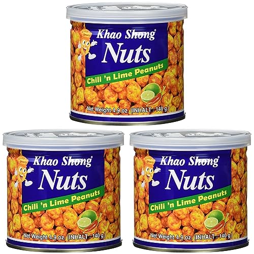 Khao Shong Chili 'n Lime Peanuts, Erdnüsse mit Chili & Limette überzogen, knackige Nüsse im fruchtig-scharfen Teigmantel, kunspriger Snack, (1 x 140 g Dose) (Packung mit 3) von Khao Shong