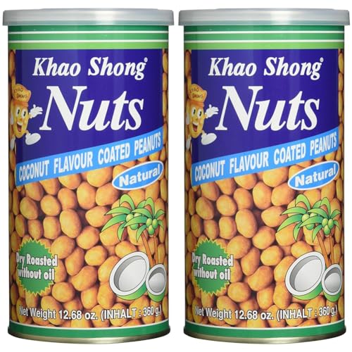 Khao Shong Coconut Flavour coated Peanuts, Erdnüsse mit Kokos, knackige Nüsse im würzig-süßen Kokusnuss Mantel, knuspriger Snack, (1 x 360 g Dose) (Packung mit 2) von Khao Shong