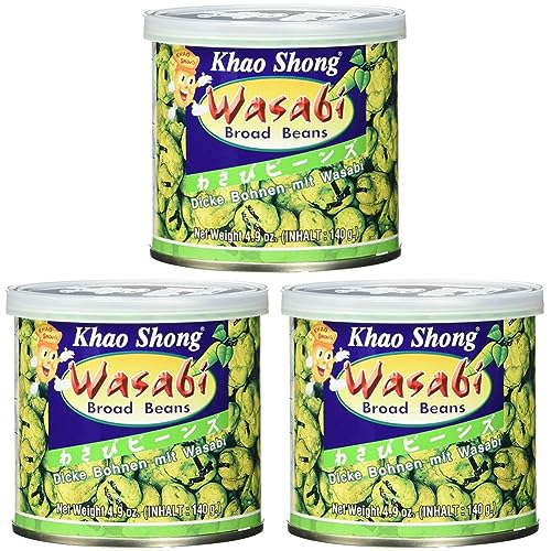 Khao Shong Dicke Bohnen mit Wasabi, knackige Bohnen im scharfem Teigmantel, fettärmere Alternative zu Nüssen, mittlere Schärfe, (1 x 140 g Dose) (Packung mit 3) von Khao Shong