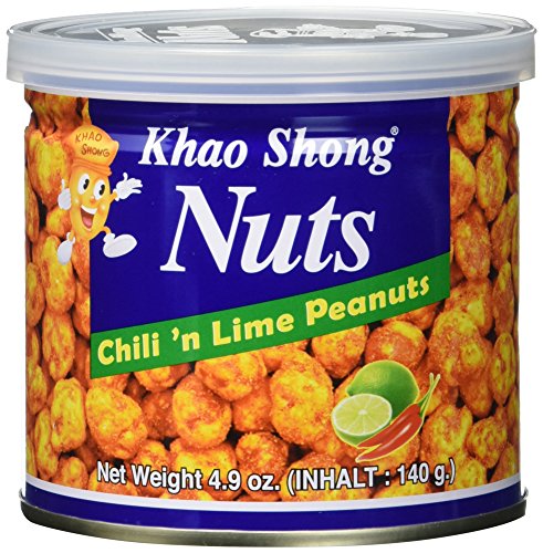 Khao Shong Chili 'n Lime Peanuts, Erdnüsse mit Chili & Limette überzogen, knackige Nüsse im fruchtig-scharfen Teigmantel, kunspriger Snack, (1 x 140 g Dose) von Khao Shong