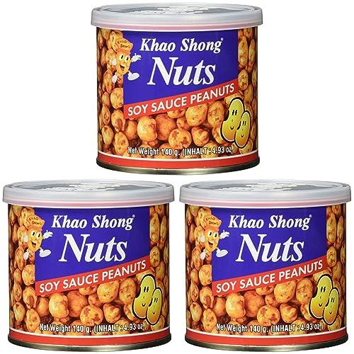 Khao Shong Erdnüsse mit Sojasauce, knackige Erdnüsse mit würziger Sojasoße überzogen, knusprige Nüsse, salziger Snack für unterwegs, (1 x 140 g Dose) (Packung mit 3) von Khao Shong