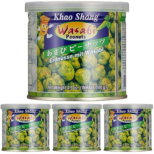 Khao Shong Erdnüsse mit Wasabi, knackige Erdnüsse im scharfen Teigmantel, knuspriger Snack für unterwegs, mittlere Schärfe, 1 x 140 g Dose (Packung mit 4) von Khao Shong