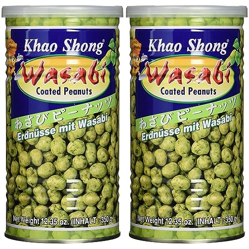 Khao Shong Erdnüsse mit Wasabi, knackige Erdnüsse im scharfen Teigmantel, mittlere Schärfe, knusprige Snacks für unterwegs, (1 x 350 g Dose) (Packung mit 2) von Khao Shong