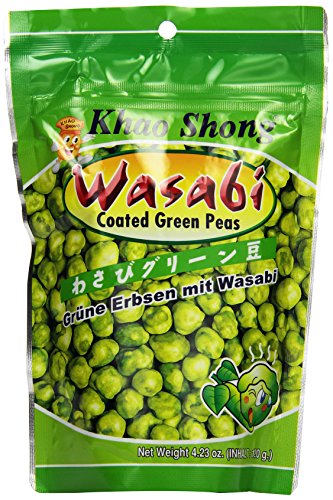 Khao Shong Geröstete grüne Erbsen mit Wasabi, knackige Erbsen im scharfen Teigmantel, fettärmere Alternative zu Nüssen, mittlere Schärfe, 1 x 120 g Standbeutel von Khao Shong