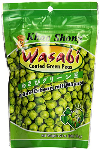 Khao Shong Geröstete grüne Erbsen mit Wasabi, knackige Erbsen im scharfen Teigmantel, fettärmere Alternative zu Nüssen, mittlere Schärfe, 1 x 120 g Standbeutel von Khao Shong