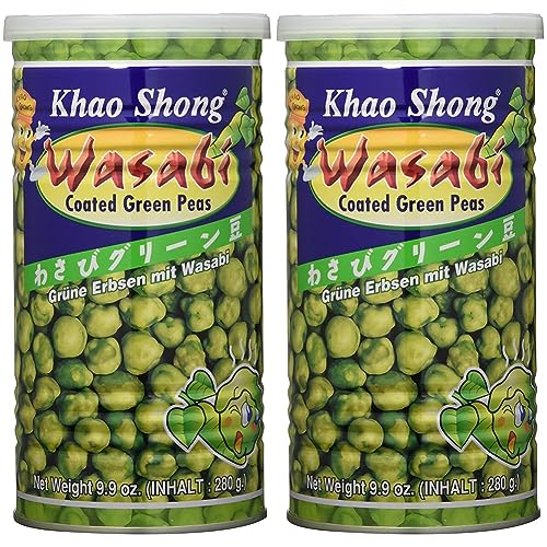 Khao Shong Grüne Erbsen mit Wasabi, knackige Erbsen im scharfen Teigmantel, fettärmere Alternative zu Nüssen, mittlere Schärfe, 1 x 280 g Dose (Packung mit 2) von Khao Shong