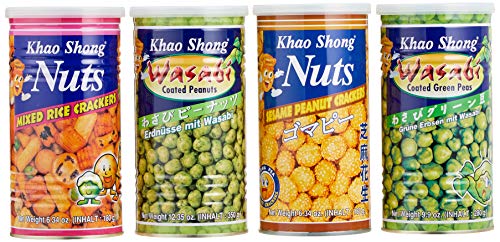 Khao Shong Snack Mix Mischkarton, knusprige Kracker, knackige Erdnüsse & Bohnen, praktischer Snack für unterwegs, verschiedene Sorten, 4 x Dosen - Gesamt 990 g von Khao Shong