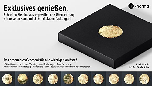 4 Tafeln Kharma Kamelmilchschokolade mit Geschenkverpackung und Prägeetikette aus Meisterbetrieb (Mandel Orange, Erdnuss gesalzen, Orientalische Gewürze,Kakao 74%) Geschenk für Weihnachten, Ostern, Geburtstag, Hochzeit, Mutter-Vatertag,... (Geschenkverpackung Prägeetikette "Einfach mal Danke sagen") von Kharma Kamelmilch Schokolade