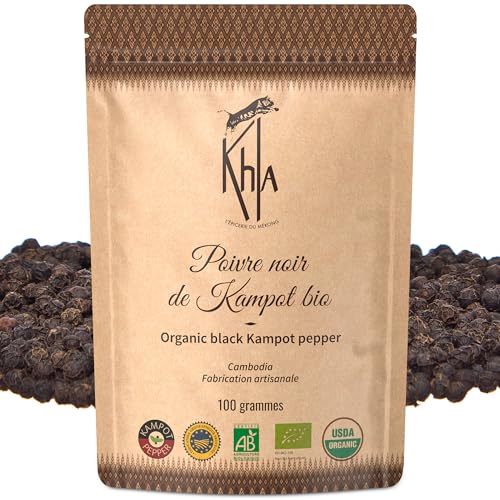 Khla - Kampot Pfeffer Schwarz Bio 100g - Schwarzer Pfefferkörner Ganz Biologisch - Grand Cru - Zutat Küchen - Direkt vom Erzeuger - Schwarze Körner Ganze für Mühle - Herkunft Kambodscha von Khla