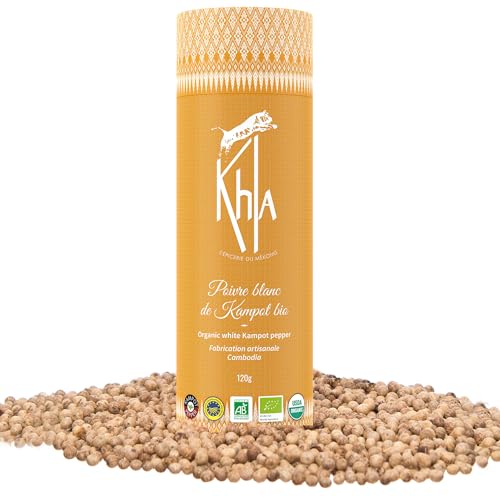 Khla - Kampot Pfeffer Weiß Bio 120g - Weißer Pfefferkörner Ganz Biologisch - Grand Cru, Stark & Kräftig - Zutat Küchen - Direkt vom Erzeuger - Weiße Körner Ganze für Mühle - Aus Kambodscha von Khla