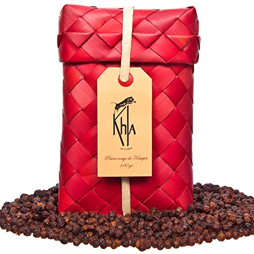 KHLA - Roter Kampot-Pfeffer Premium-GGA - 100 g - Pfefferkörner im Beutel - Aus biologischem Anbau - Traditionelle Verpackung in Palmblättern von Khla