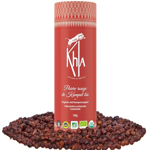 Khla - Kampot Pfeffer Rot Bio 120g - Roter Pfefferkörner Ganz Biologisch - Grand Cru, Süß & Fruchtig - Zutat Küchen - Direkt vom Erzeuger - Rote Körner Ganze für Mühle - Aus Kambodscha von Khla