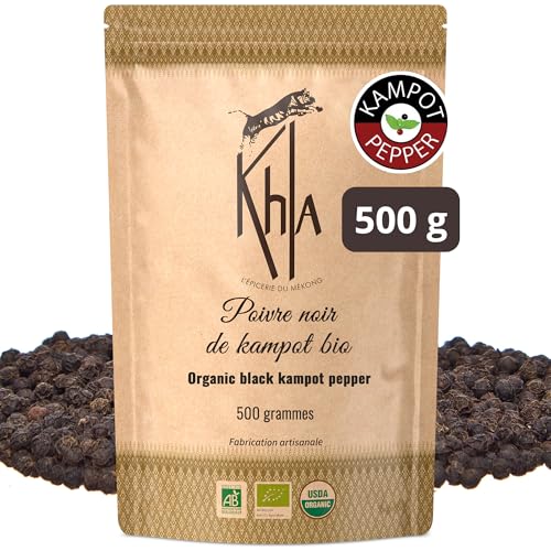 Khla - Kampot Pfeffer Schwarz Bio 500g - Schwarzer Pfefferkörner Ganz Biologisch - Direkt vom Erzeuger - Schwarze Körner Ganze für Mühle - Herkunft Kambodscha von Khla