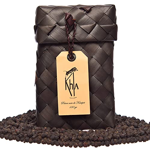 Khla - Kampot Pfeffer Schwarz Bio 100g - Schwarzer Pfefferkörner Ganz Biologisch - Traditionelle Geschenk Palmblatt - Grand Cru - Schwarze Körner Ganze für Mühle - Herkunft Kambodscha von Khla